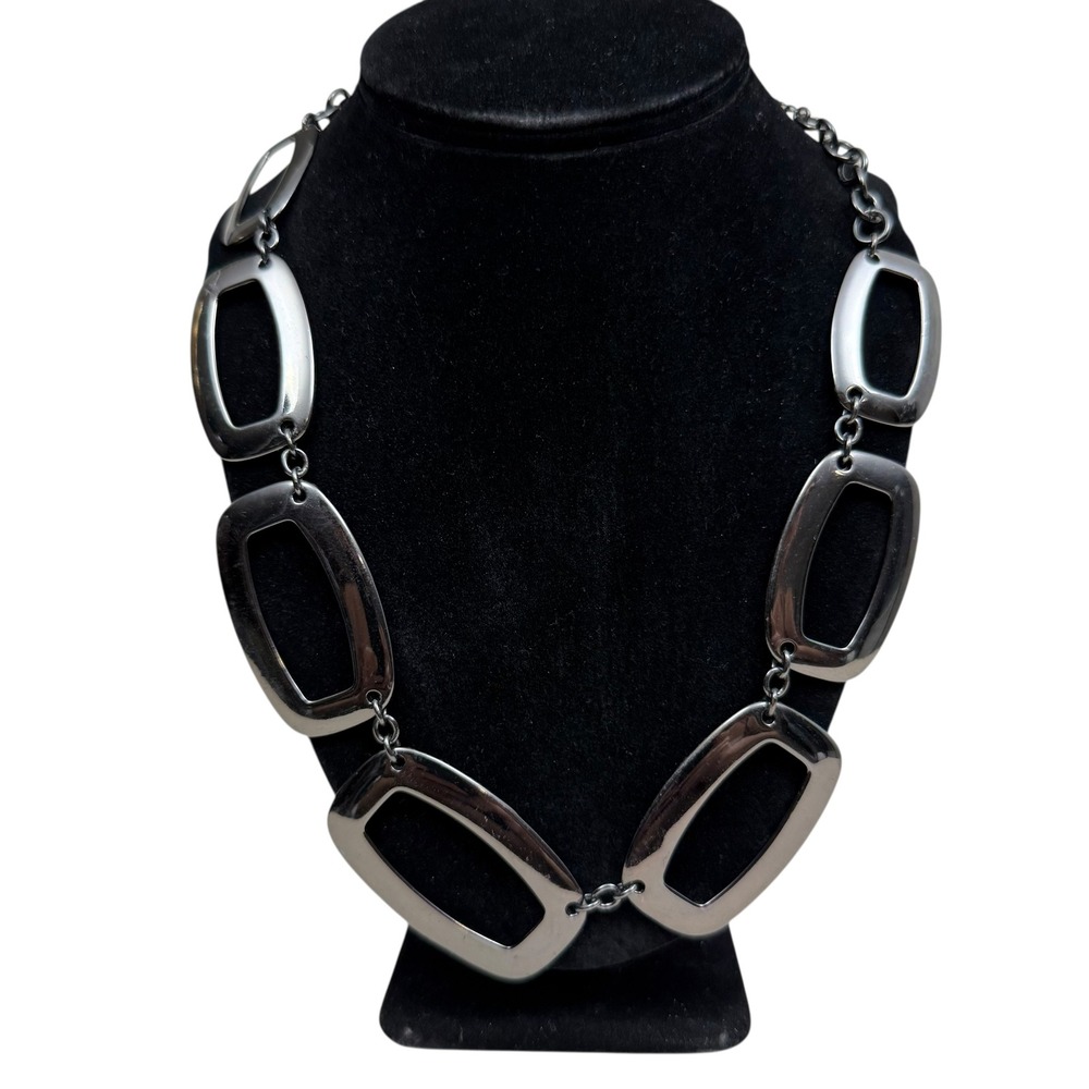 Bill Blass Statement Necklace Silver Tone Rectangle Chain Fashion Jewelry 10.5in